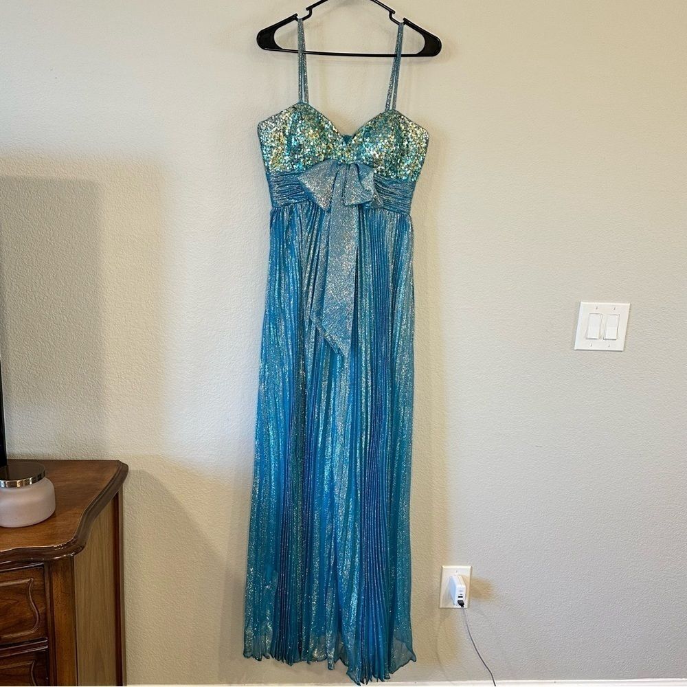 Shimmer Turquoise Blue Gold prom dress with bow